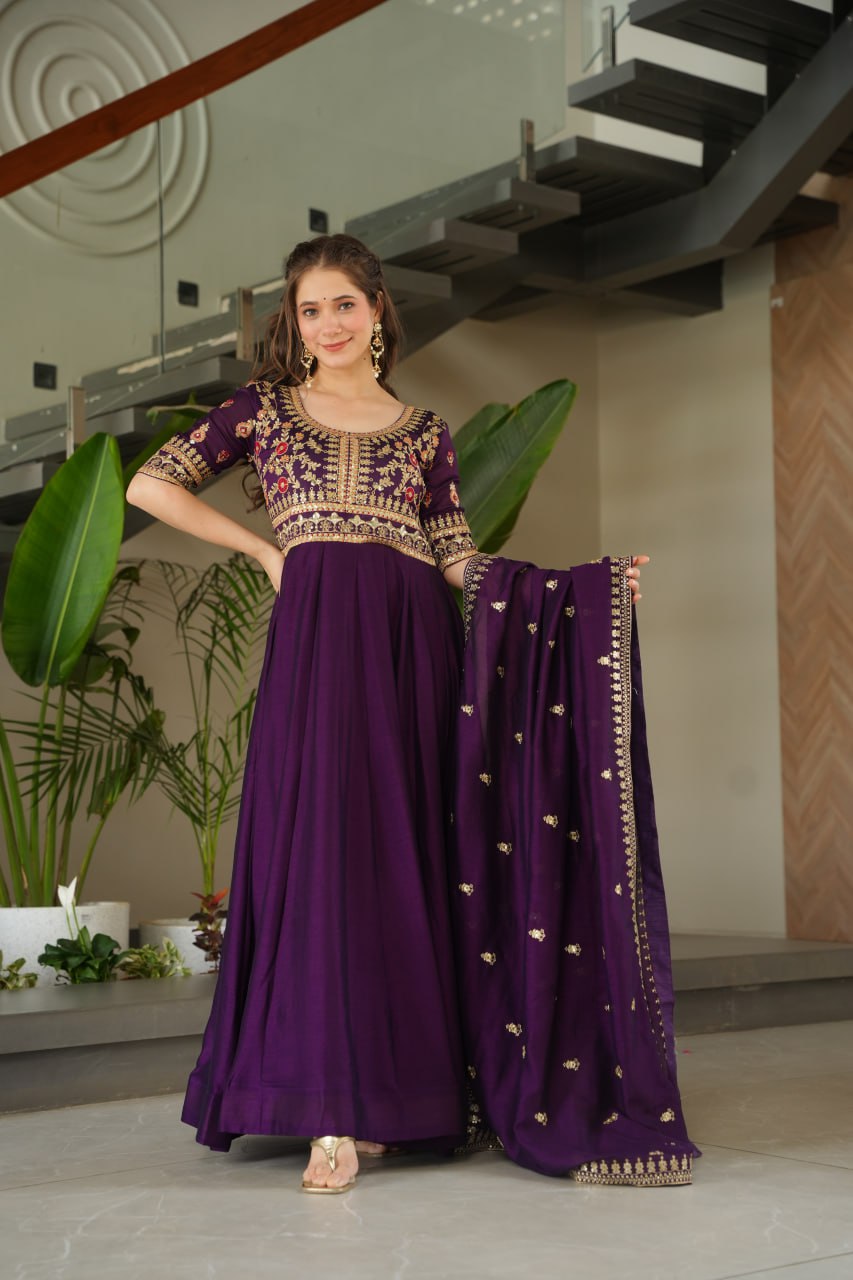Purple Vichitra Silk Gown with Sequins & Zari Embroidery With Dupatta - ETHNICDEAL
