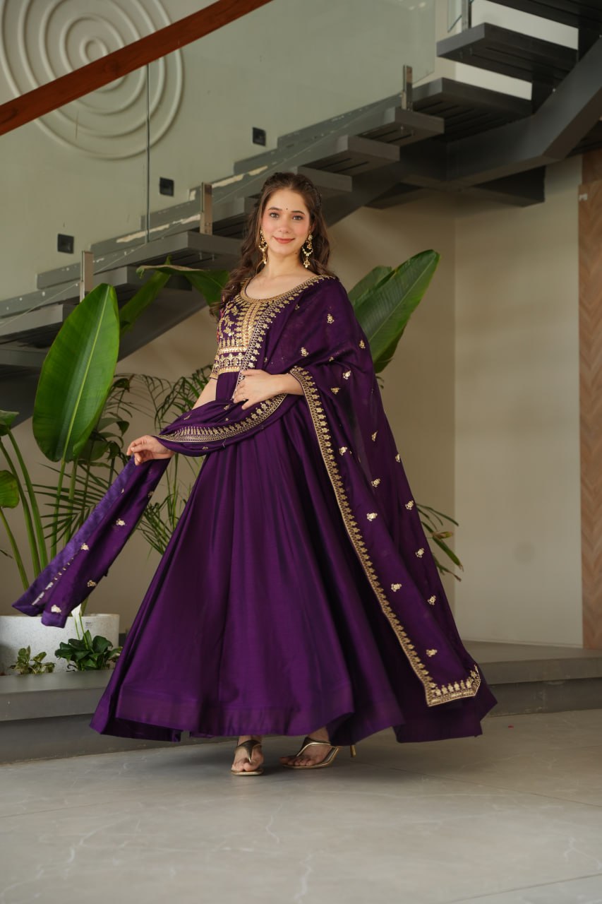Purple Vichitra Silk Gown with Sequins & Zari Embroidery With Dupatta - ETHNICDEAL