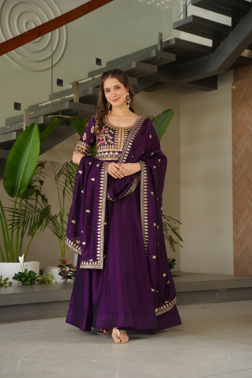 Purple Vichitra Silk Gown with Sequins & Zari Embroidery With Dupatta - ETHNICDEAL