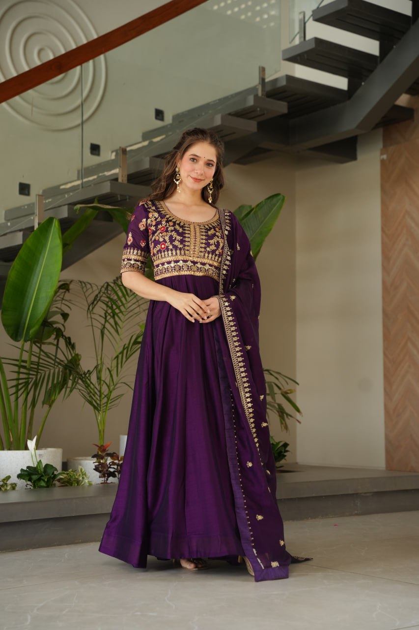 Purple Vichitra Silk Gown with Sequins & Zari Embroidery With Dupatta - ETHNICDEAL