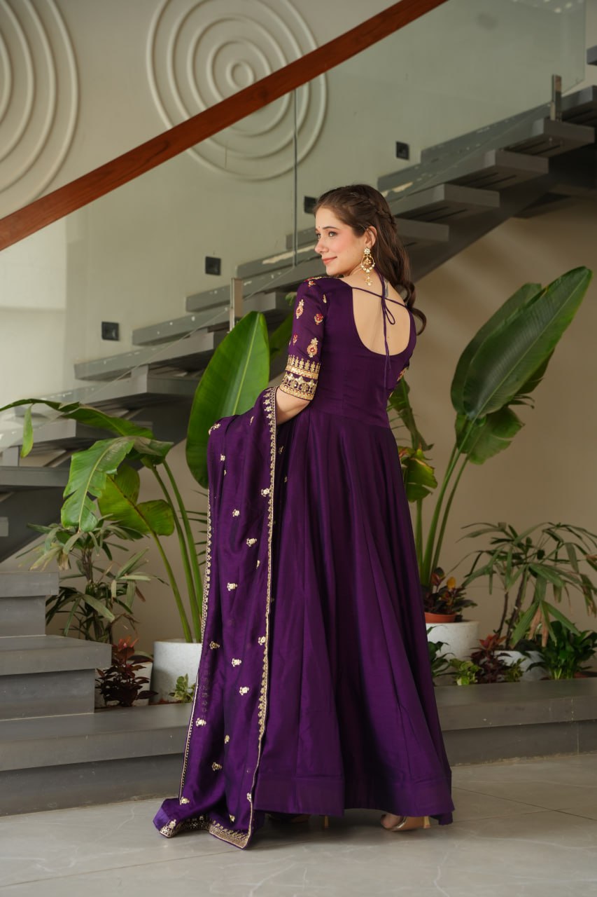 Purple Vichitra Silk Gown with Sequins & Zari Embroidery With Dupatta - ETHNICDEAL