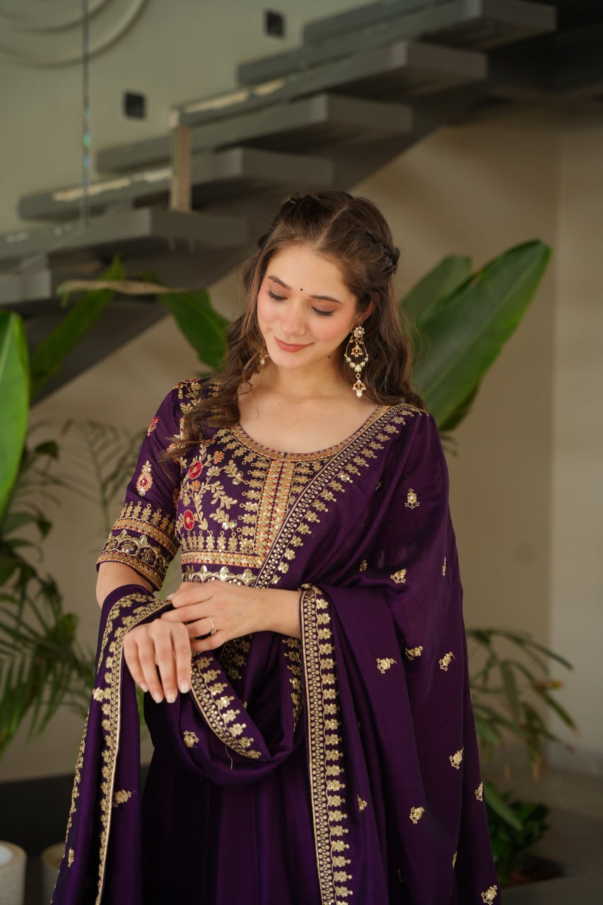Purple Vichitra Silk Gown with Sequins & Zari Embroidery With Dupatta - ETHNICDEAL