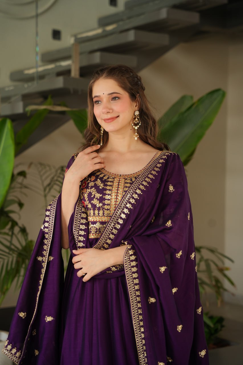 Purple Vichitra Silk Gown with Sequins & Zari Embroidery With Dupatta - ETHNICDEAL