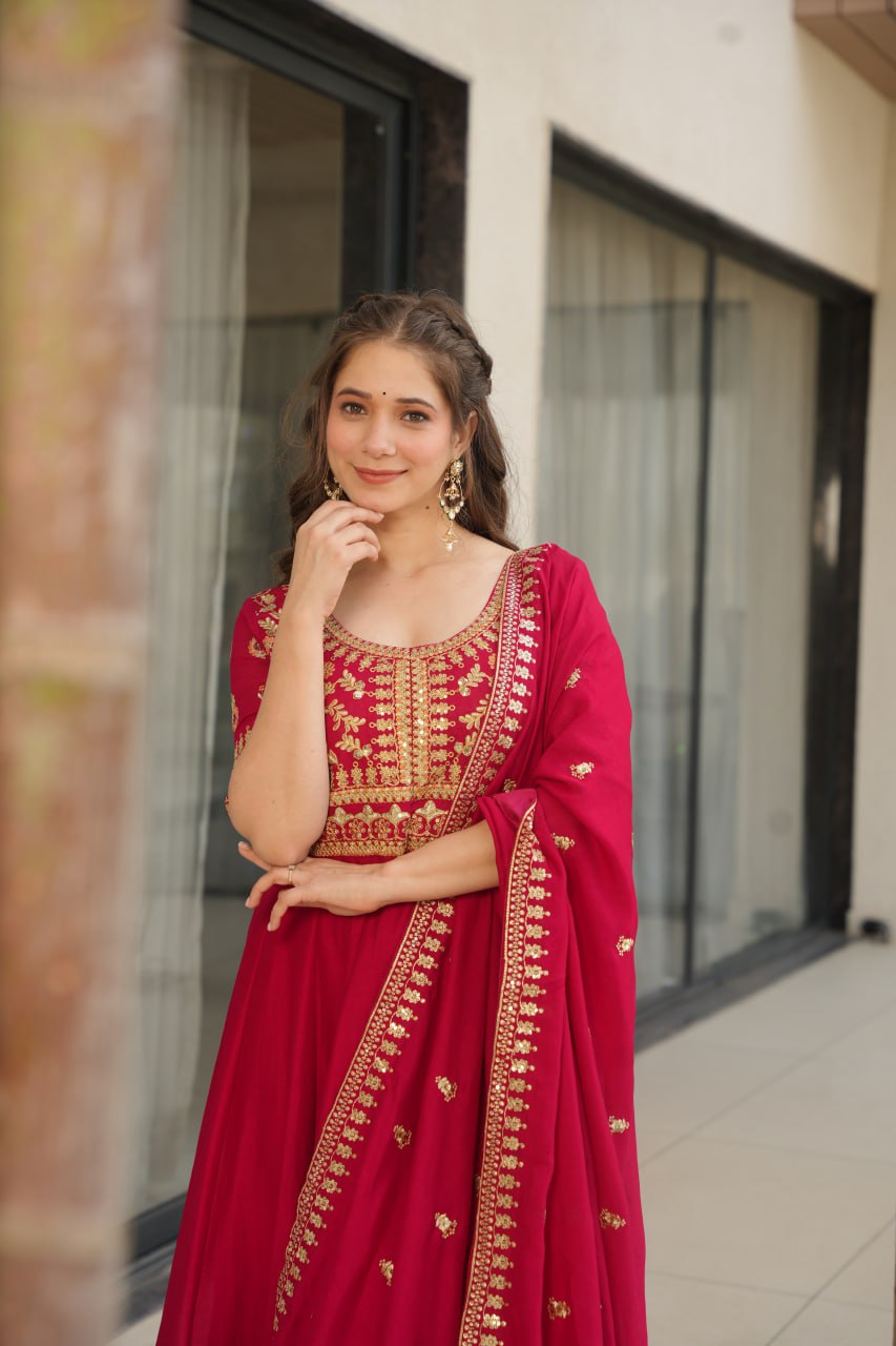 Purple Vichitra Silk Gown with Sequins & Zari Embroidery With Dupatta - ETHNICDEAL