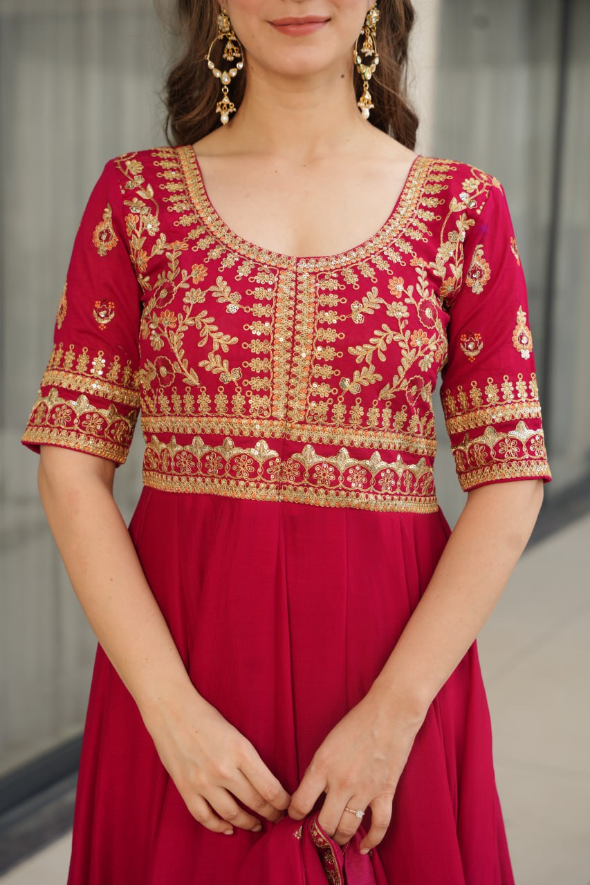 Purple Vichitra Silk Gown with Sequins & Zari Embroidery With Dupatta - ETHNICDEAL