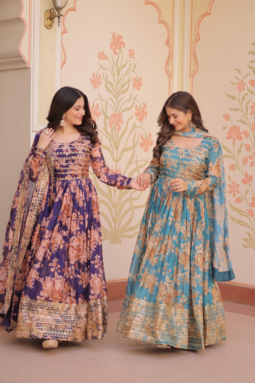 Russian Silk Digital Print Gown Set with Sequins Work – Fully Stitched & Ready to Wear - ETHNICDEAL