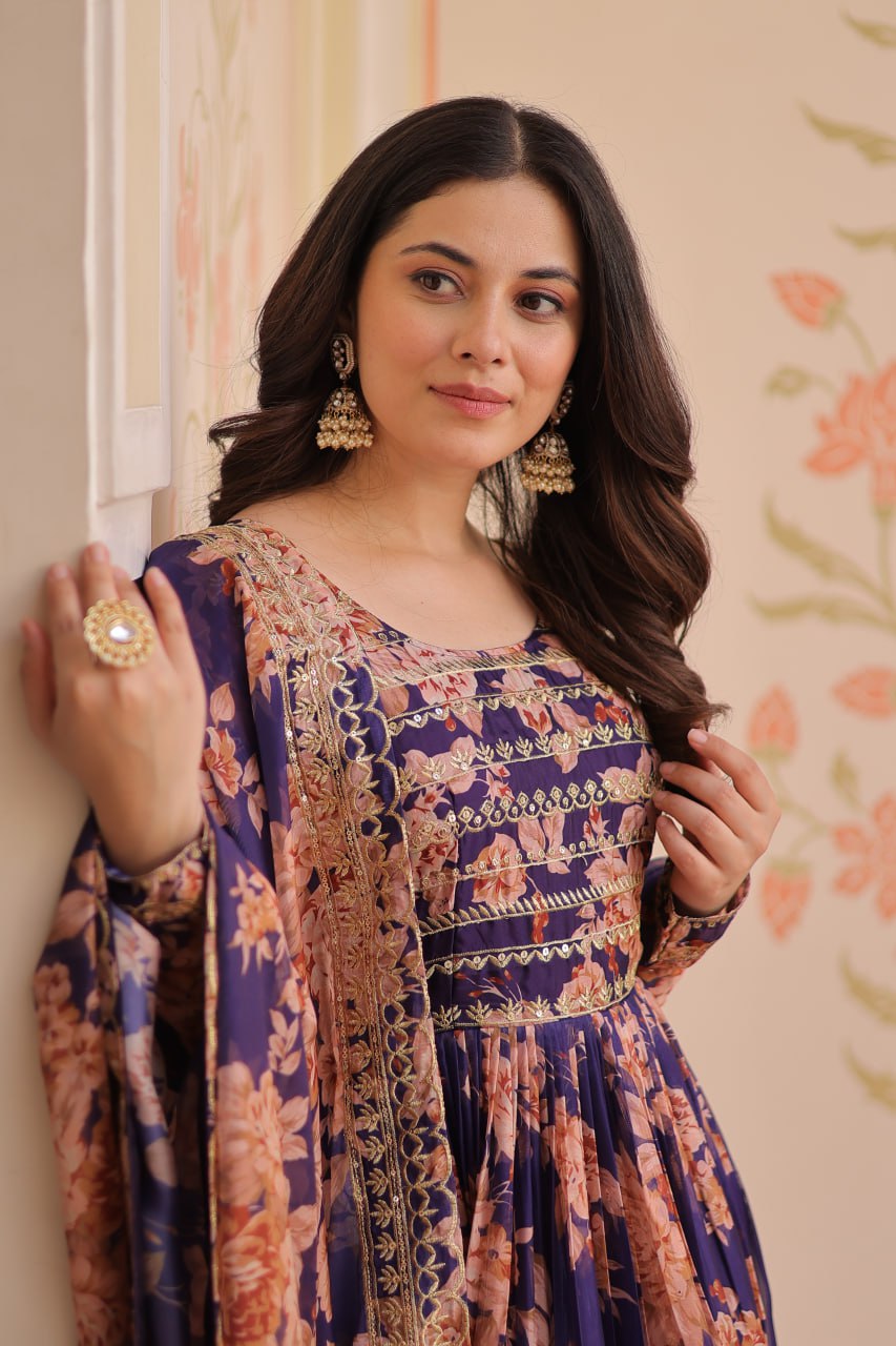 Russian Silk Digital Print Gown Set with Sequins Work – Fully Stitched & Ready to Wear - ETHNICDEAL