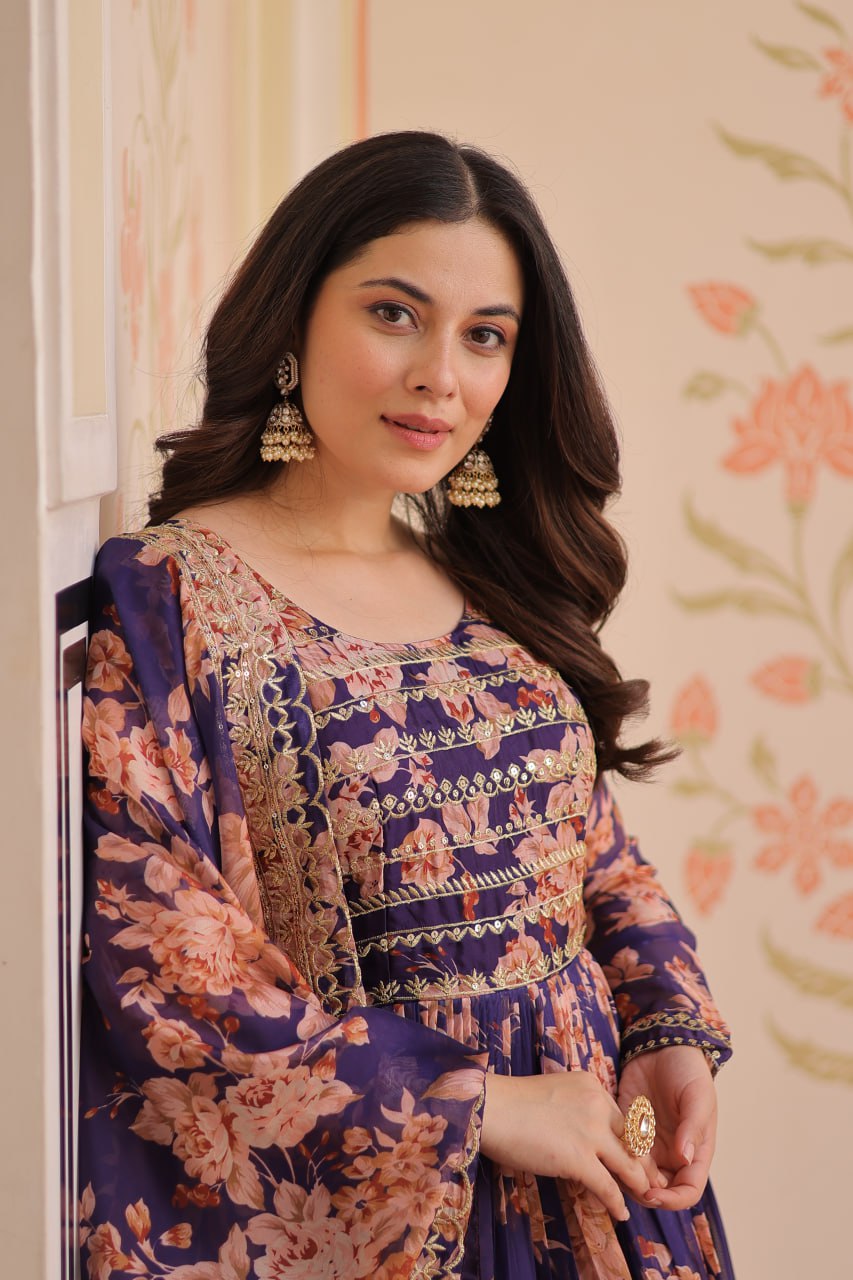 Russian Silk Digital Print Gown Set with Sequins Work – Fully Stitched & Ready to Wear - ETHNICDEAL