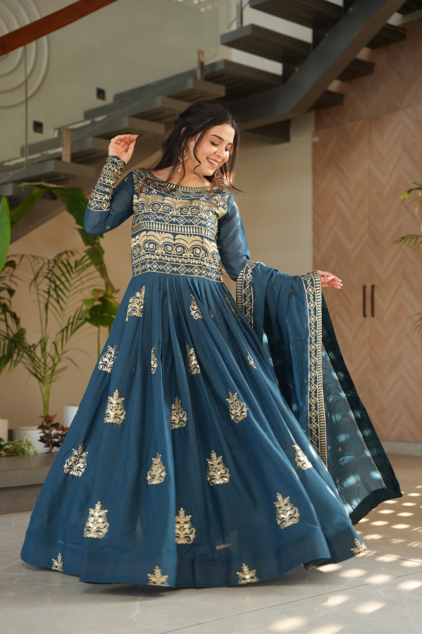 Chinnon Sequins & Beads Embroidered Gown Set With Dupatta - ETHNICDEAL