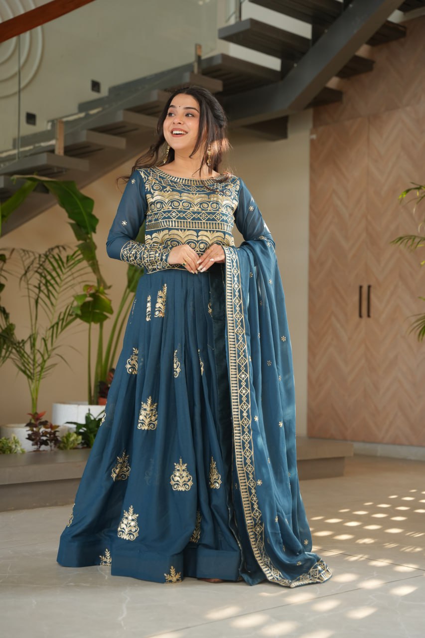 Chinnon Sequins & Beads Embroidered Gown Set With Dupatta - ETHNICDEAL