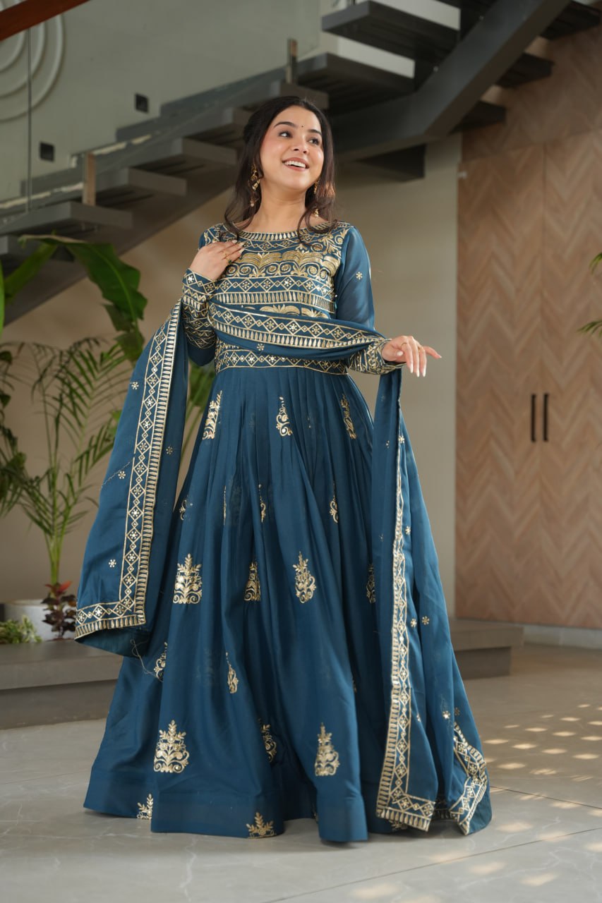 Chinnon Sequins & Beads Embroidered Gown Set With Dupatta - ETHNICDEAL