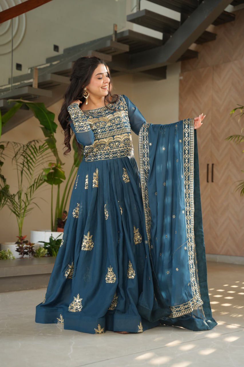 Chinnon Sequins & Beads Embroidered Gown Set With Dupatta - ETHNICDEAL