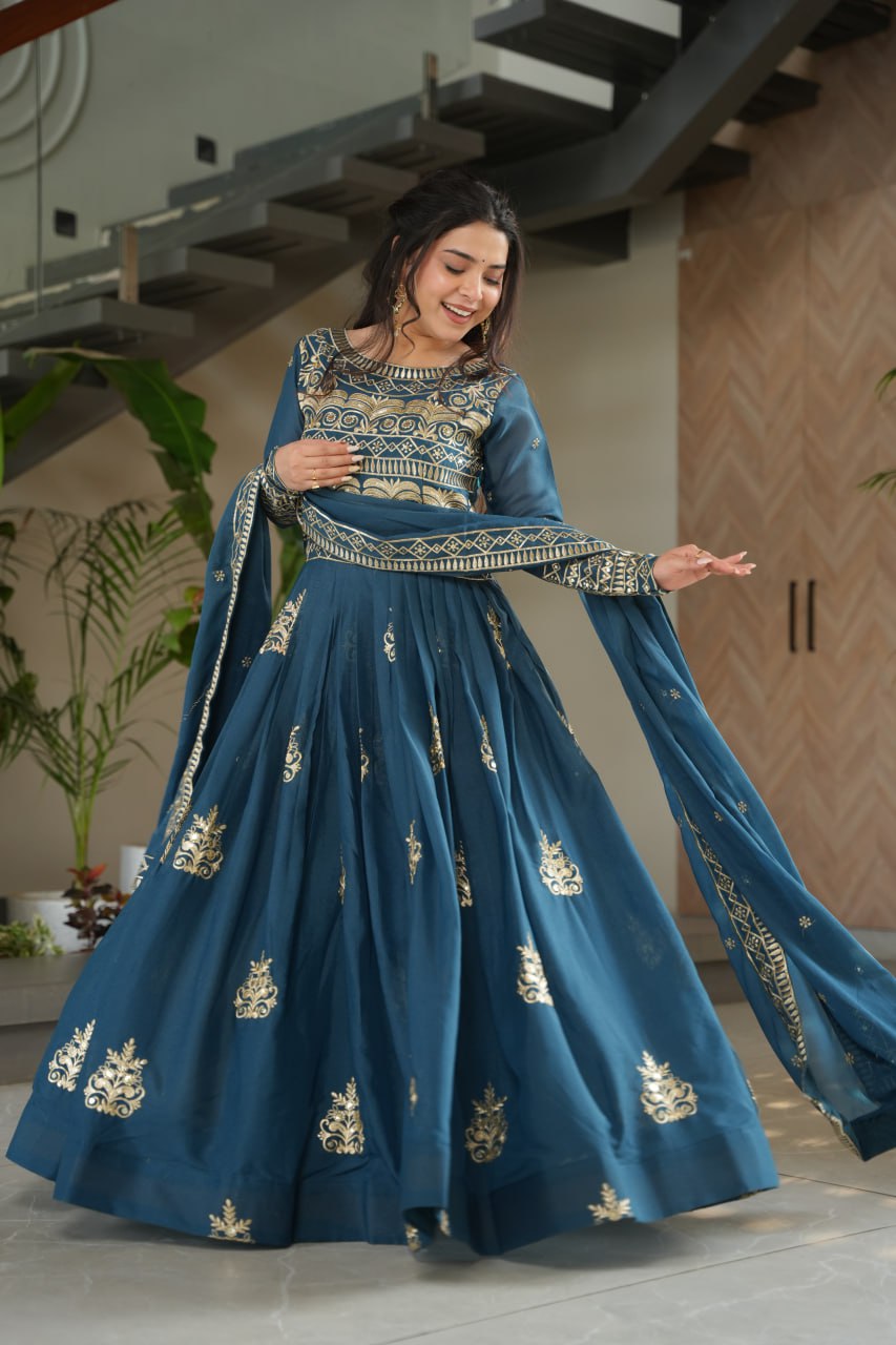 Chinnon Sequins & Beads Embroidered Gown Set With Dupatta - ETHNICDEAL