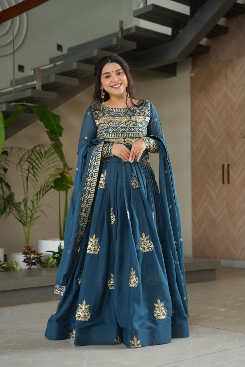 Chinnon Sequins & Beads Embroidered Gown Set With Dupatta - ETHNICDEAL