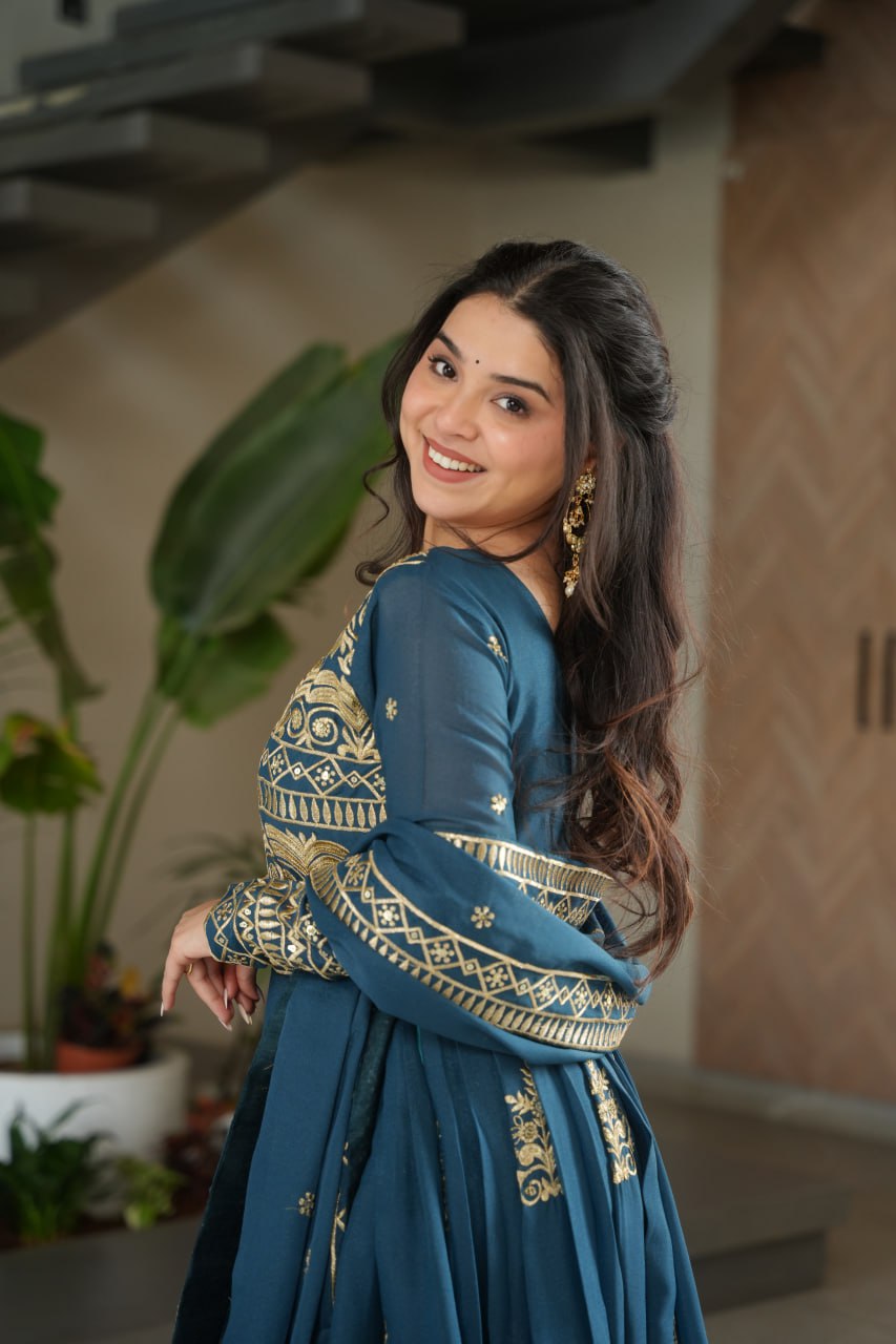 Chinnon Sequins & Beads Embroidered Gown Set With Dupatta - ETHNICDEAL