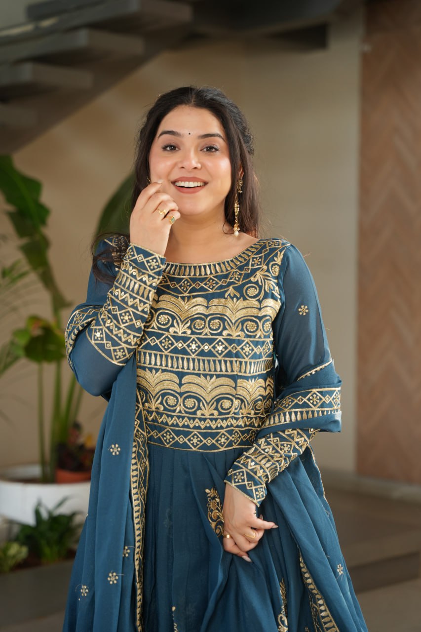 Chinnon Sequins & Beads Embroidered Gown Set With Dupatta - ETHNICDEAL
