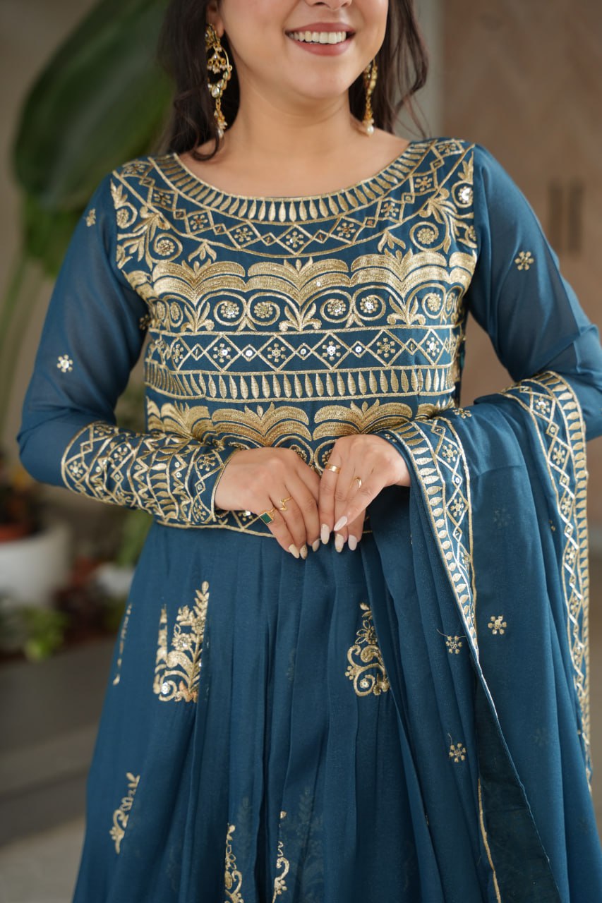 Chinnon Sequins & Beads Embroidered Gown Set With Dupatta - ETHNICDEAL