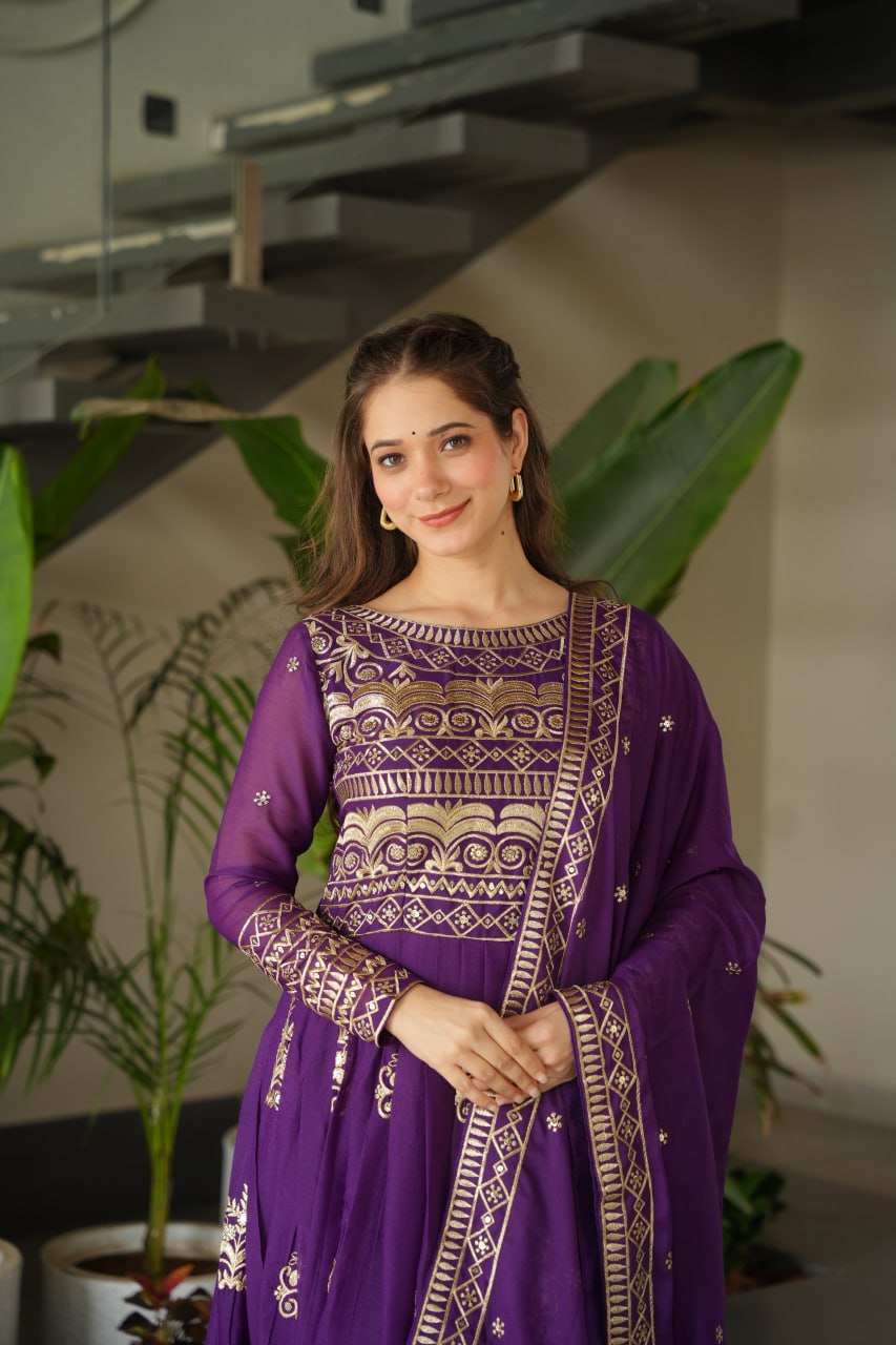 Chinnon Sequins & Beads Embroidered Gown Set With Dupatta - ETHNICDEAL