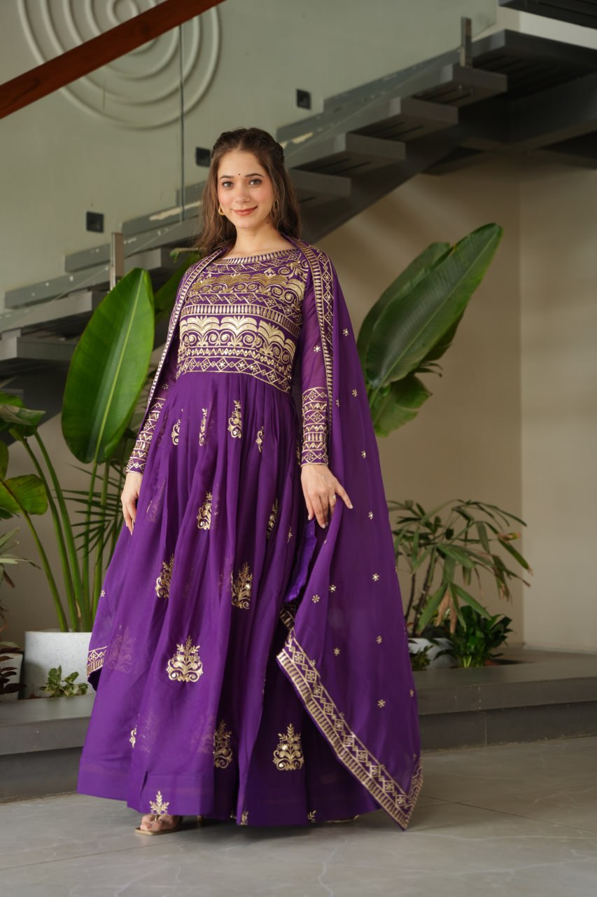 Chinnon Sequins & Beads Embroidered Gown Set With Dupatta - ETHNICDEAL