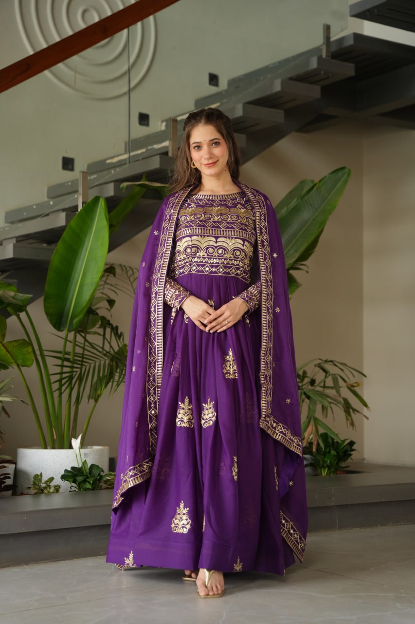 Chinnon Sequins & Beads Embroidered Gown Set With Dupatta - ETHNICDEAL
