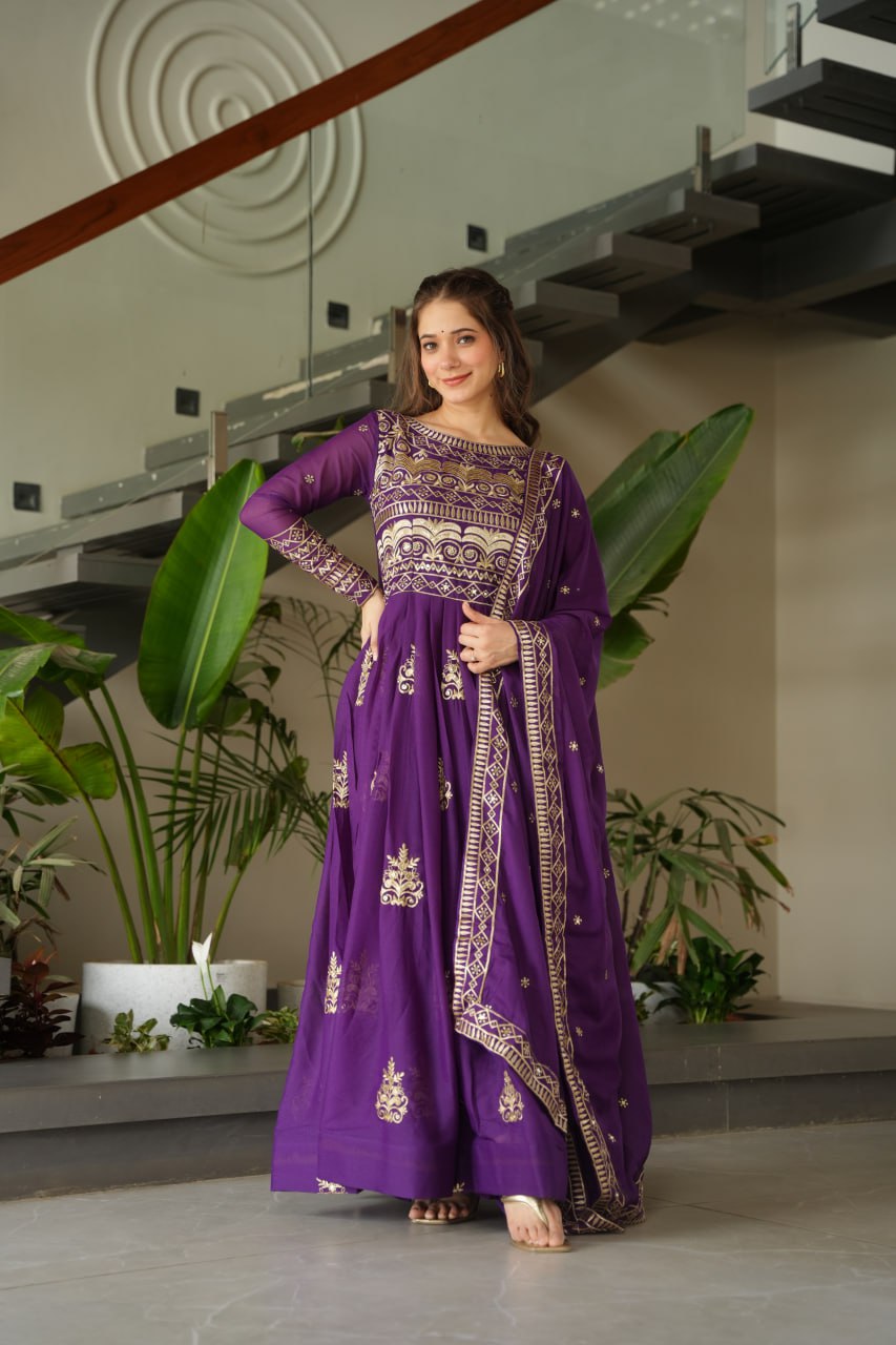 Chinnon Sequins & Beads Embroidered Gown Set With Dupatta - ETHNICDEAL