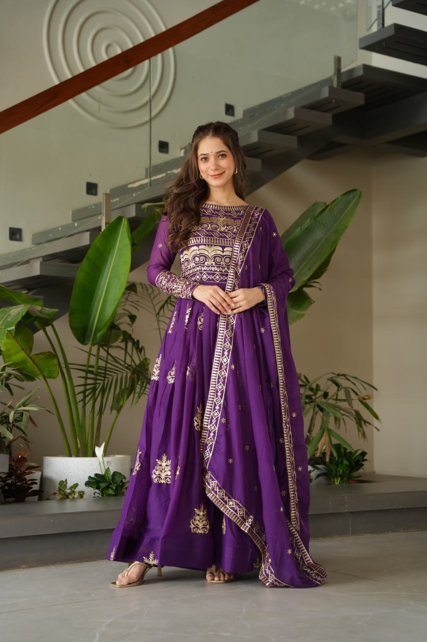 Chinnon Sequins & Beads Embroidered Gown Set With Dupatta - ETHNICDEAL