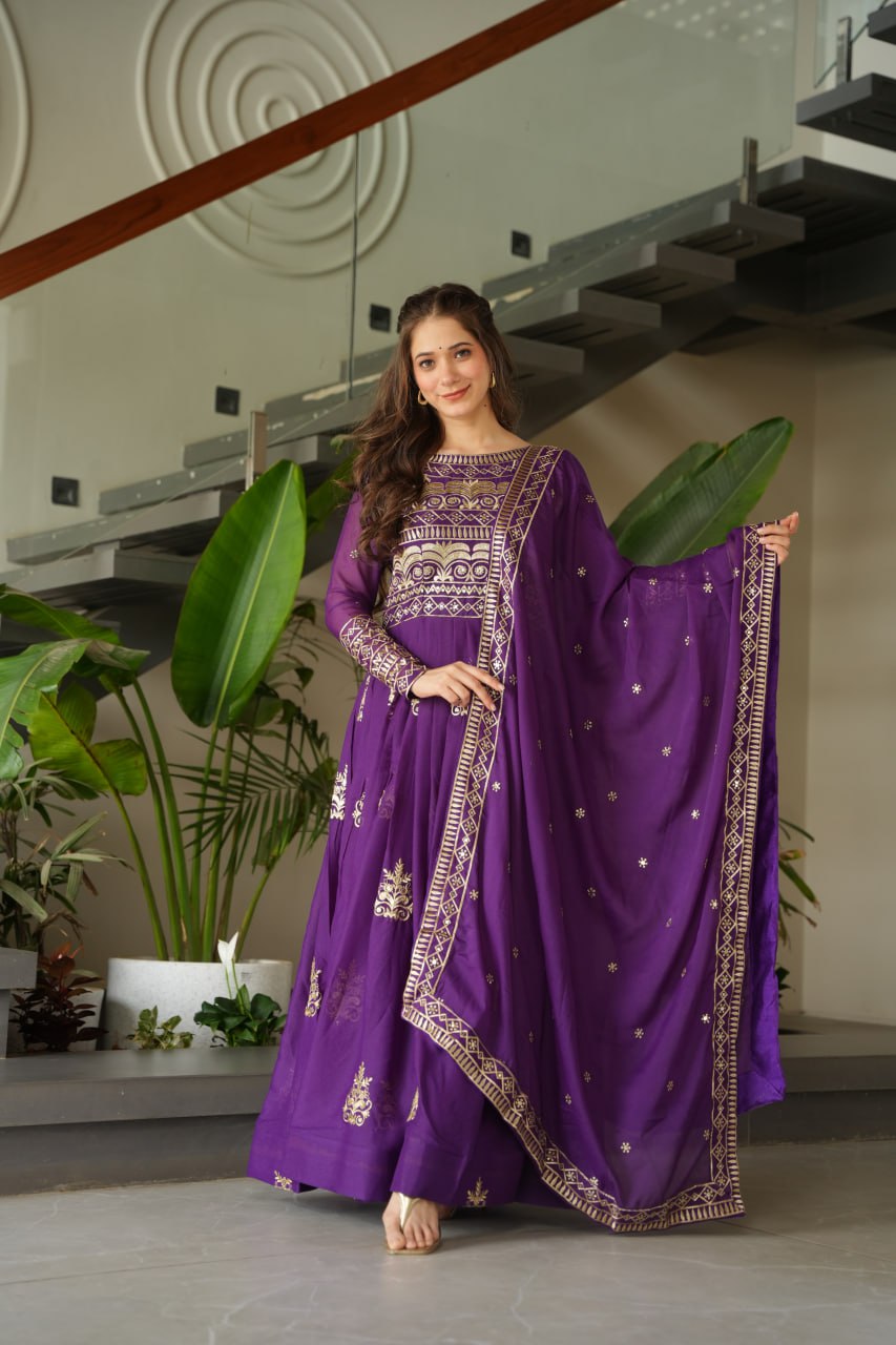 Chinnon Sequins & Beads Embroidered Gown Set With Dupatta - ETHNICDEAL