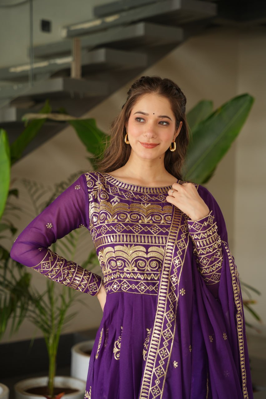 Chinnon Sequins & Beads Embroidered Gown Set With Dupatta - ETHNICDEAL