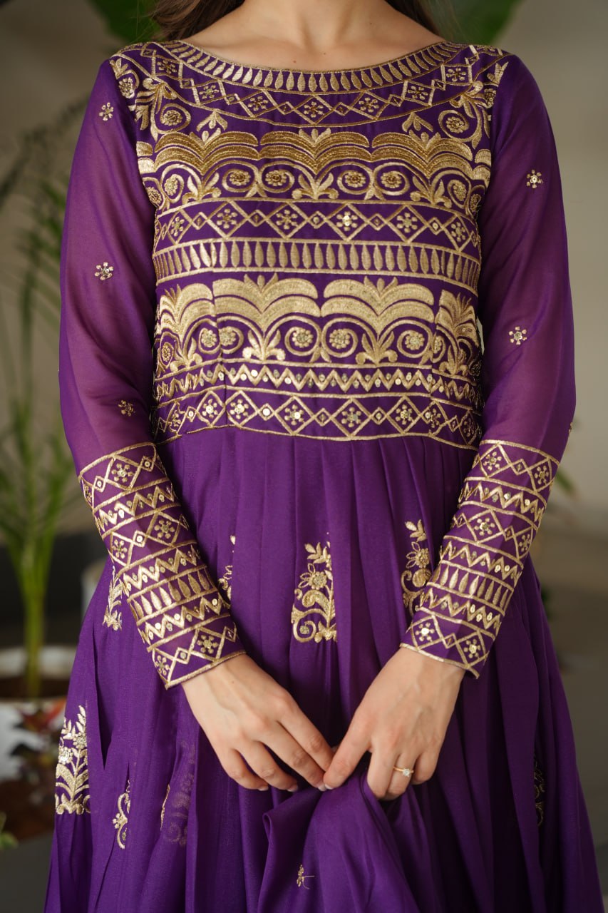 Chinnon Sequins & Beads Embroidered Gown Set With Dupatta - ETHNICDEAL