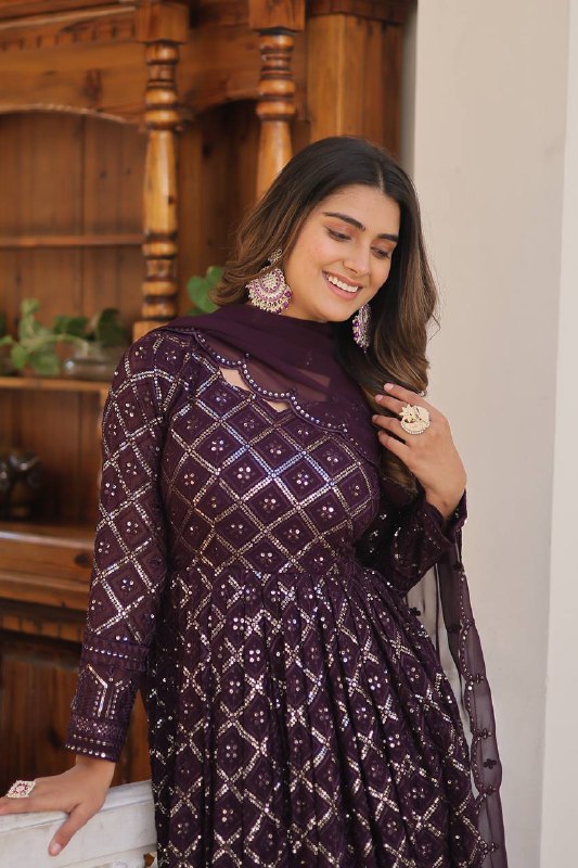 Bewitching Faux Georgette Heavy Sequins Worked Designer Gown - Ethnicwish
