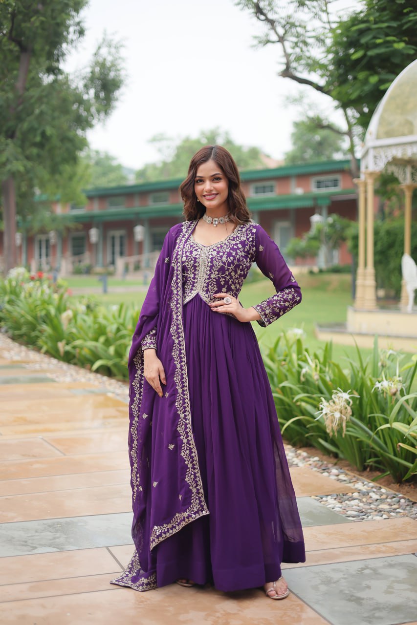 Radiant Faux Georgette Intricate Sequins Embroidered Gown With Dupatta - Ethnicwish