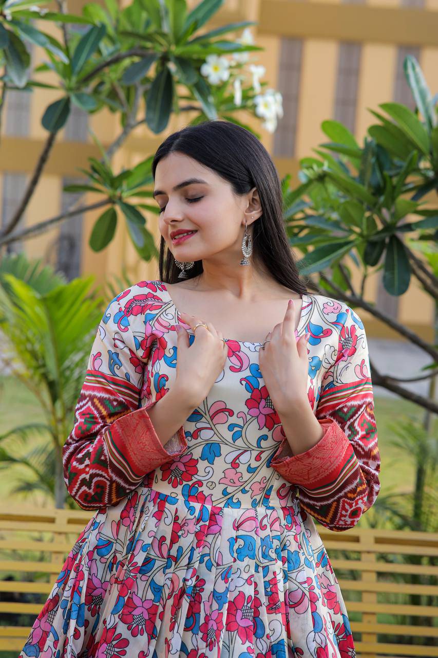 Hypnotic Banarasi Silk Kalamkari Printed Stitched Designer Gown - Ethnicwish