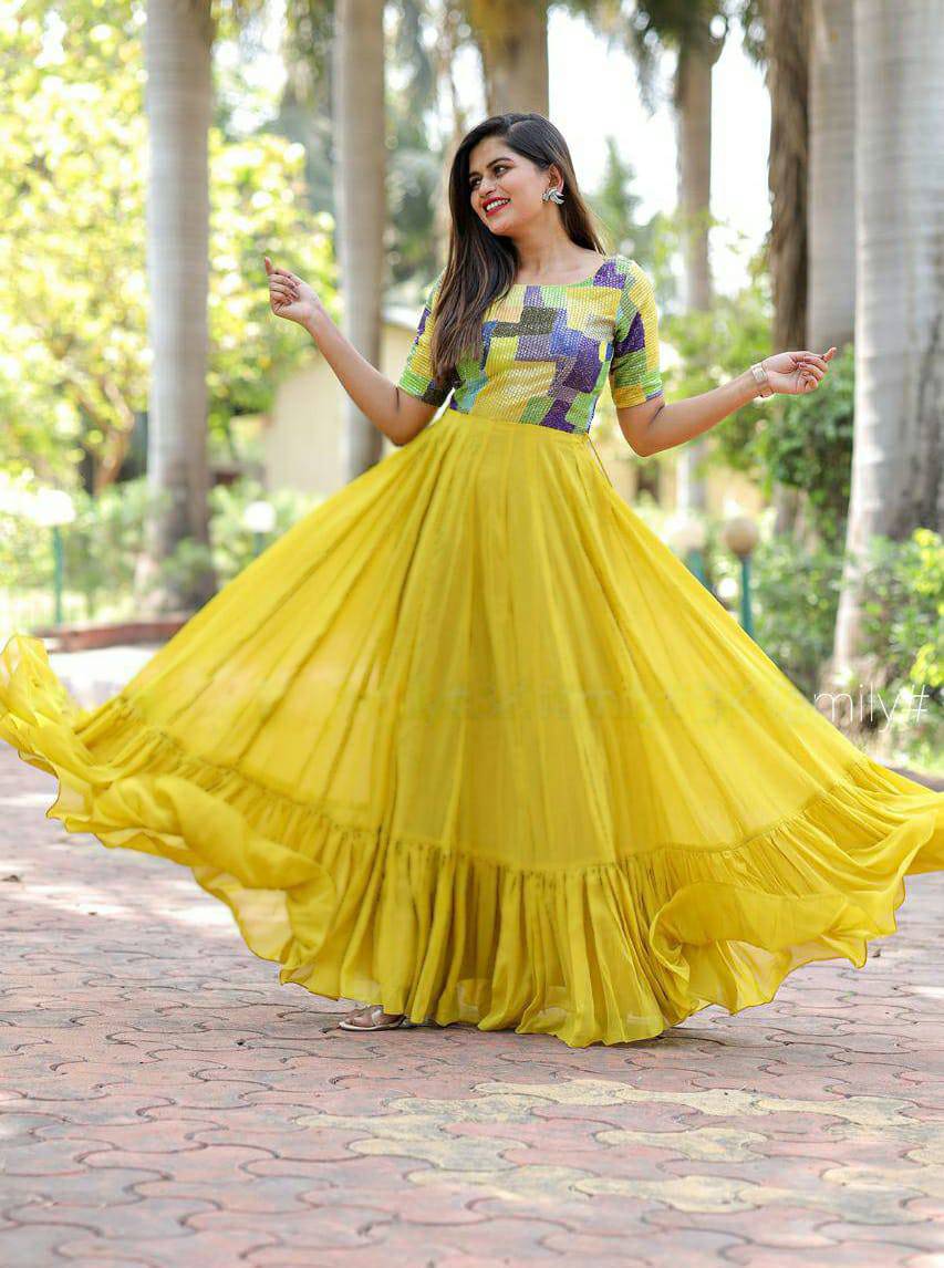 Resplendent Yellow Faux Georgette Fully Stitched Gown - Ethnicwish