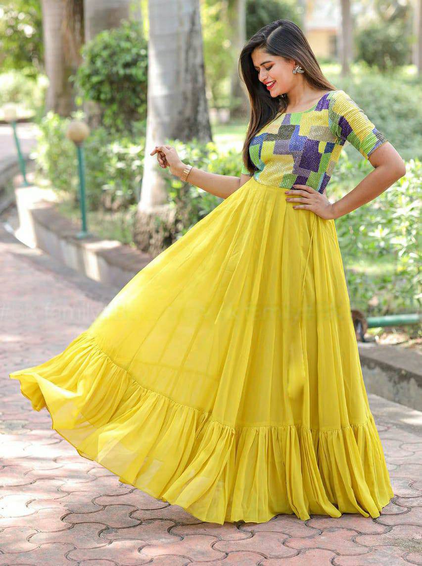 Resplendent Yellow Faux Georgette Fully Stitched Gown - Ethnicwish