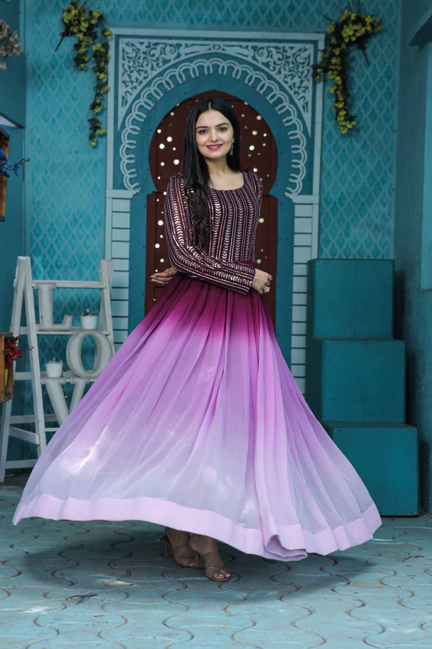Wine Faux Georgette Sequins Embroidered Shaded Gown - Ethnicwish
