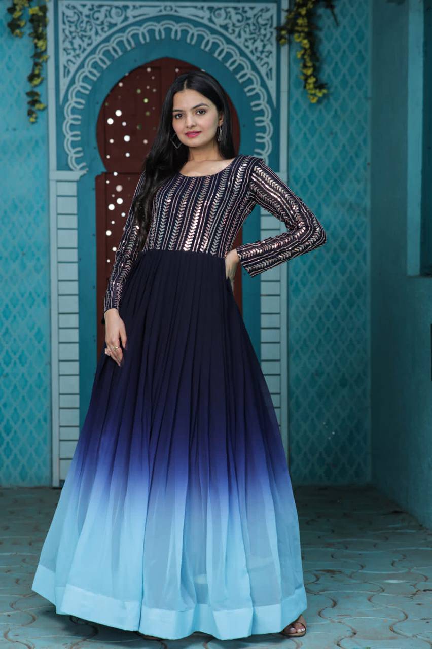 Wine Faux Georgette Sequins Embroidered Shaded Gown - Ethnicwish