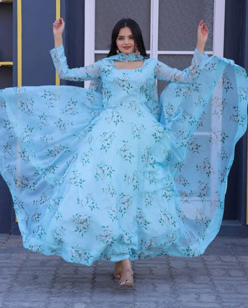 Winsome Sky Blue Floral Printed Tabby Silk Gown With Dupatta - Ethnicwish