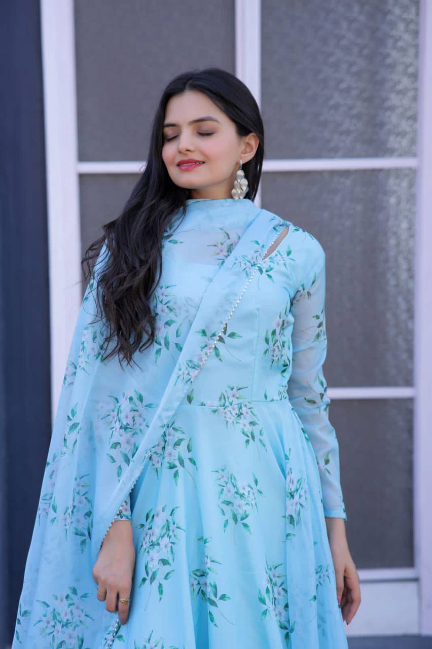 Winsome Sky Blue Floral Printed Tabby Silk Gown With Dupatta - Ethnicwish
