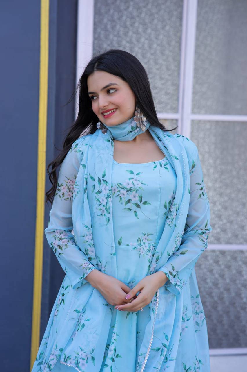 Winsome Sky Blue Floral Printed Tabby Silk Gown With Dupatta - Ethnicwish