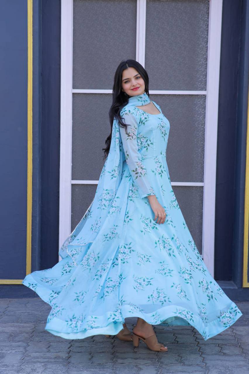 Winsome Sky Blue Floral Printed Tabby Silk Gown With Dupatta - Ethnicwish