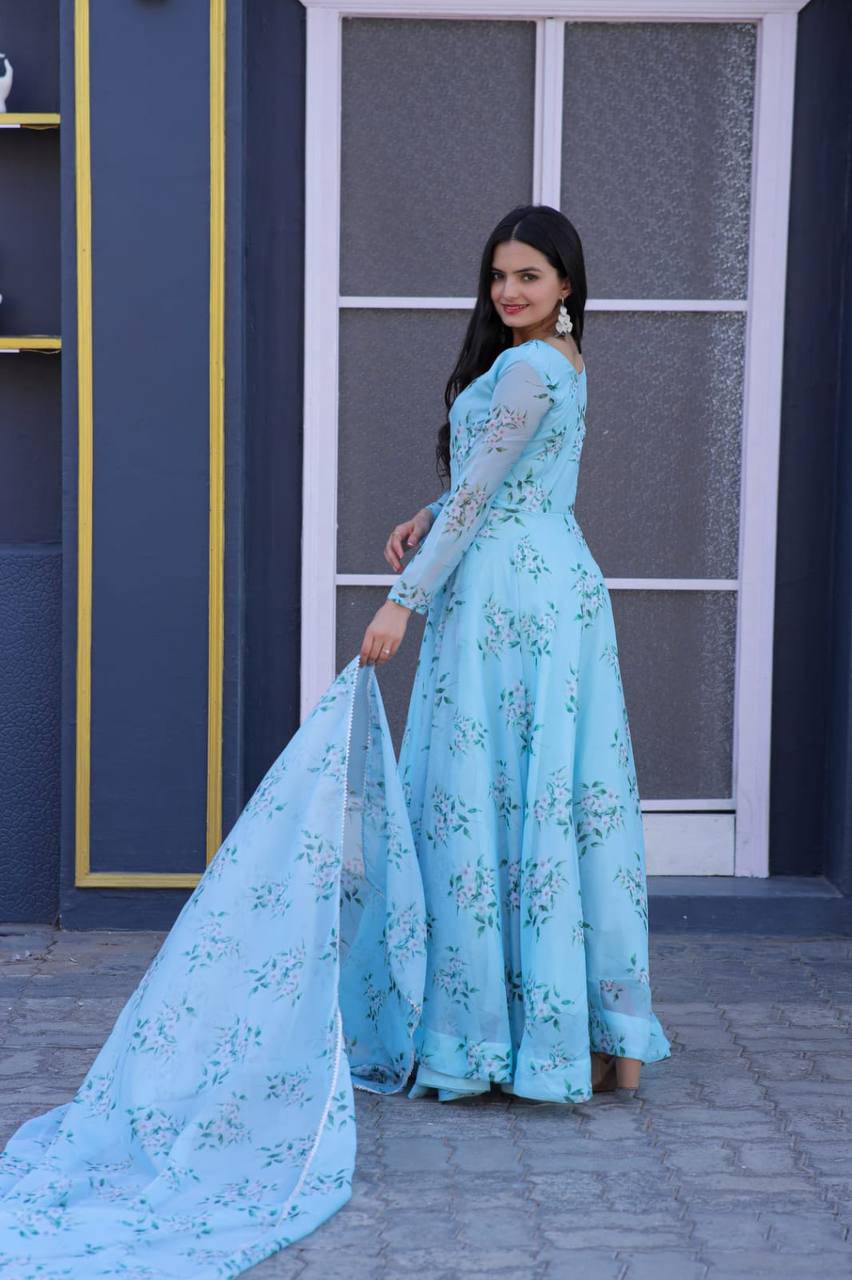 Winsome Sky Blue Floral Printed Tabby Silk Gown With Dupatta - Ethnicwish
