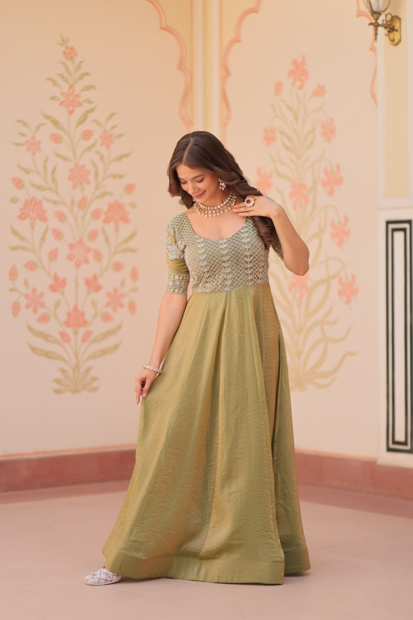 Lovely Fendy Silk Bead Embroidered Fully Stitched Gown - ETHNICDEAL