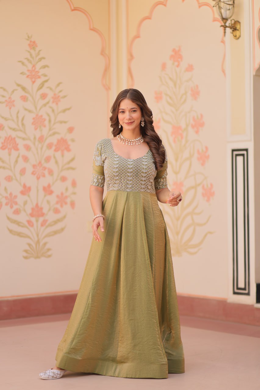 Lovely Fendy Silk Bead Embroidered Fully Stitched Gown - ETHNICDEAL