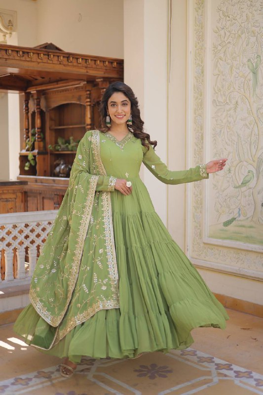Splendid Faux Georgette Embroidered Designer Gown With Dupatta - Ethnicwish
