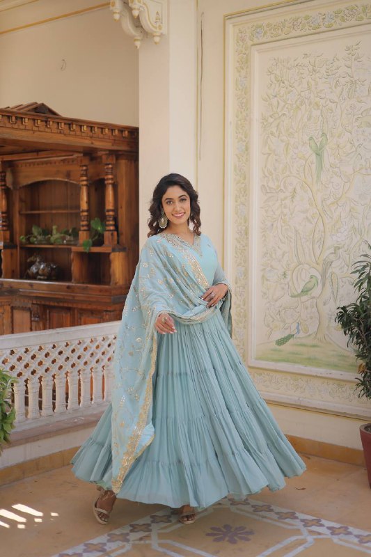 Splendid Faux Georgette Embroidered Designer Gown With Dupatta - Ethnicwish