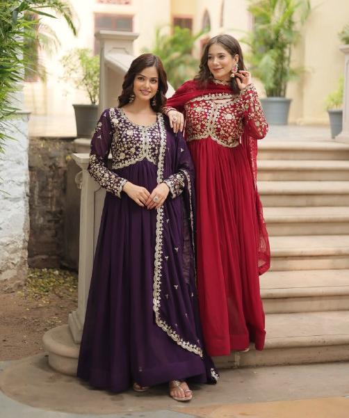 Breathtaking Faux Georgette Sequins Zari Worked Designer Gown - Ethnicwish