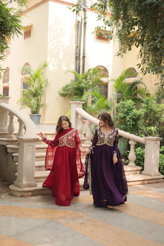 Breathtaking Faux Georgette Sequins Zari Worked Designer Gown - Ethnicwish