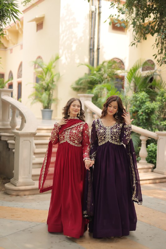 Breathtaking Faux Georgette Sequins Zari Worked Designer Gown - Ethnicwish