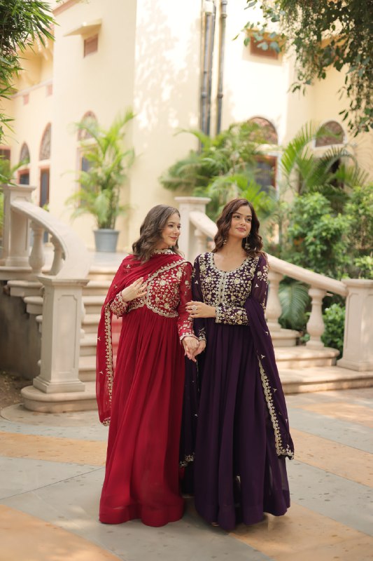 Breathtaking Faux Georgette Sequins Zari Worked Designer Gown - Ethnicwish