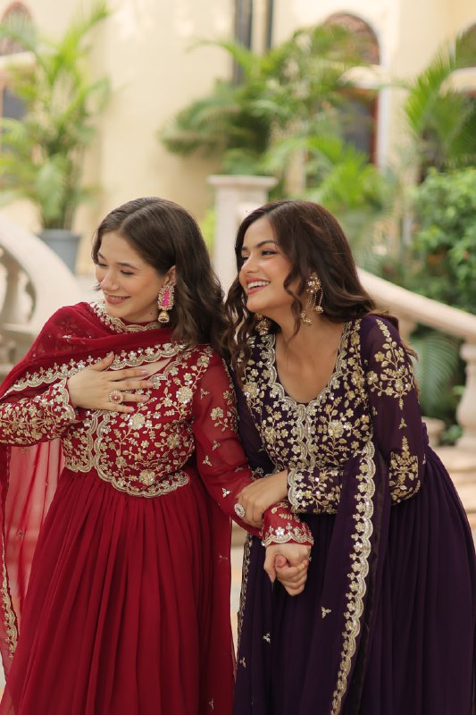 Breathtaking Faux Georgette Sequins Zari Worked Designer Gown - Ethnicwish